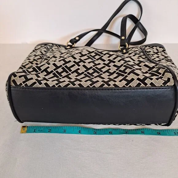 Tommy Hilfiger Shopper Tote Bag Signature TH Pattern Black 9-1/2"×10"×2-1/2" - Picture 3 of 15